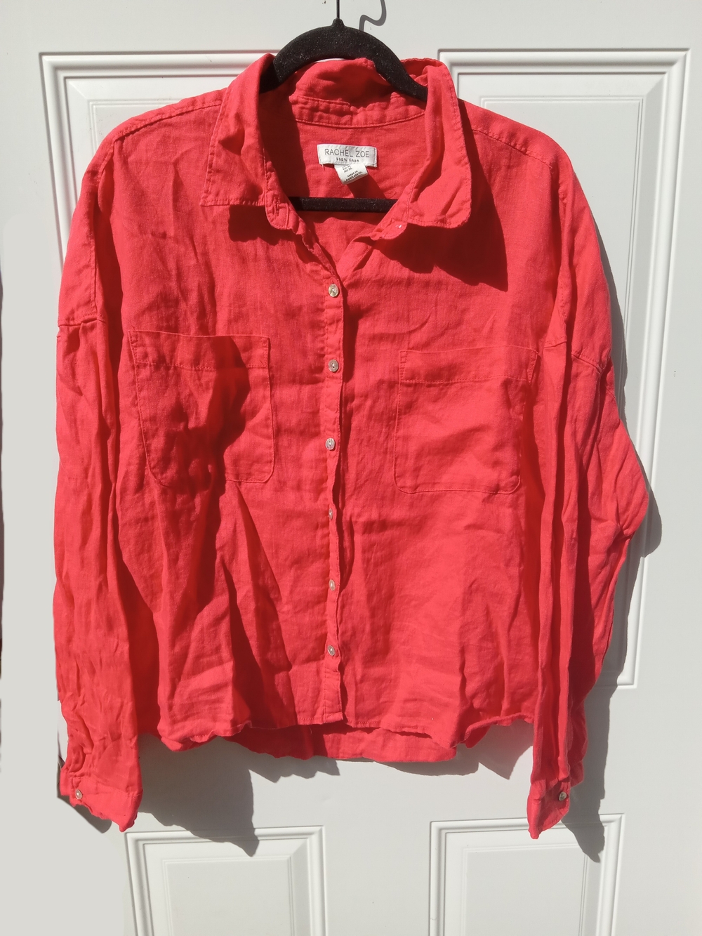 Rachel Zoe Coral-Red Linen Button-Front Shirt Size Large
